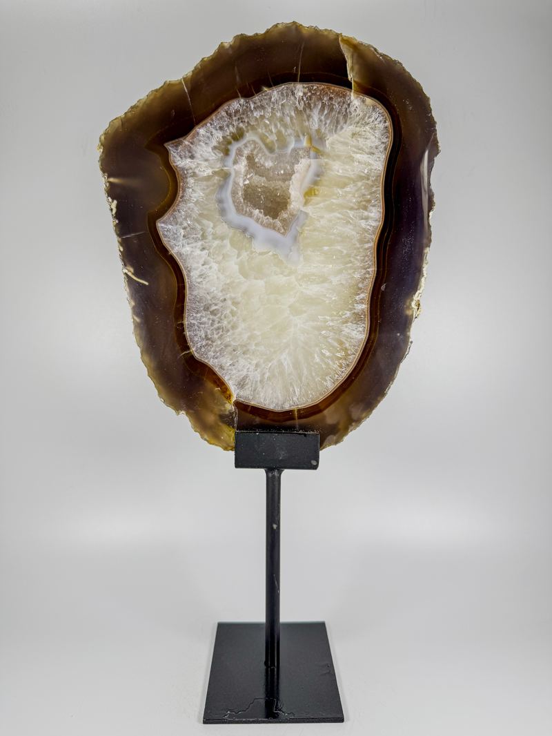 Bruine agaat geode met witte kristalholte op standaard