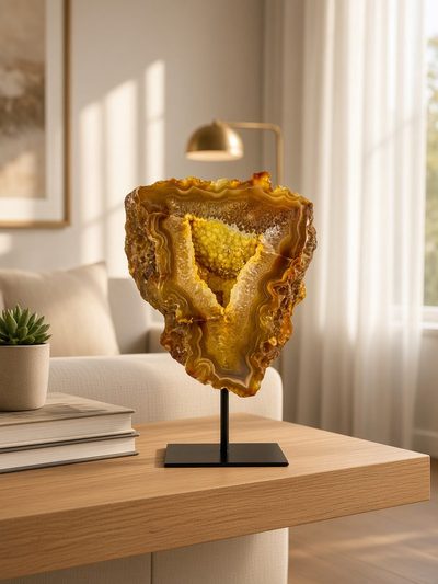 Amberkleurige agaatgeode met open kristalholte op een houten tafel