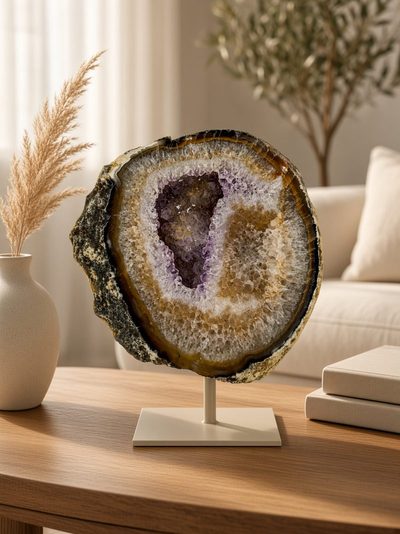 Agaatgeode met goudbruine banden en paarse kristalkern op een houten tafel