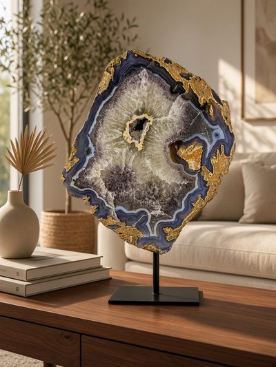 Blauwe agaatschijf met gouden randen op een houten dressoir