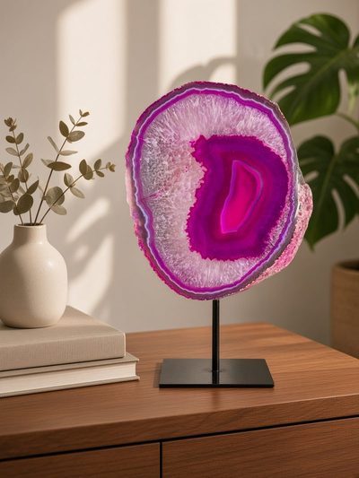 Magenta gekleurde agaatschijf op een houten dressoir