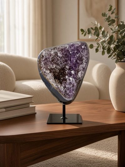 Amethist geode met diep paarse kristallen op een houten tafel