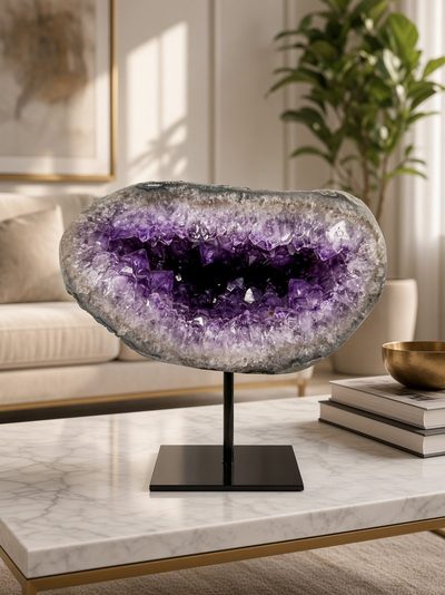 Amethist geode met diep paarse kristallen op een marmeren salontafel