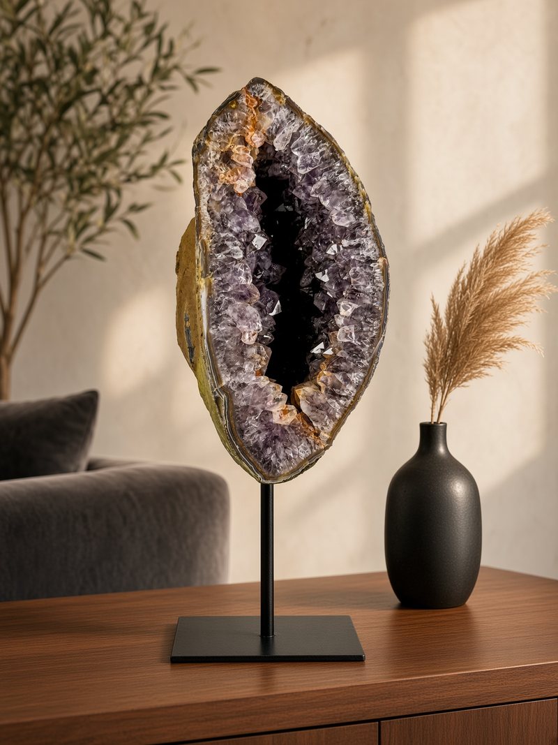 Amethist geode met diep paarse kristallen op zwarte standaard in een interieur — Kwaza Mineral Art