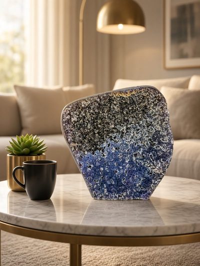 Blauwgrijze druse met ruwe ongeslepen rand op een marmeren tafel