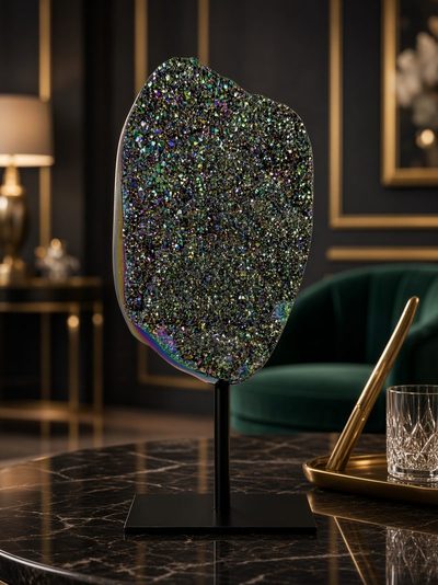 Druzy met glinsterend kristalveld op een zwart marmeren tafel