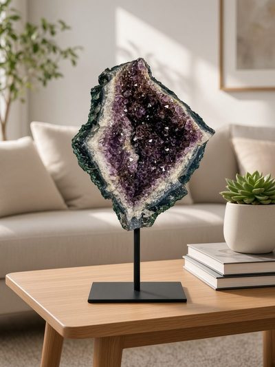 Geode met paarse kristallen en een ruwe groene rand op een houten tafel