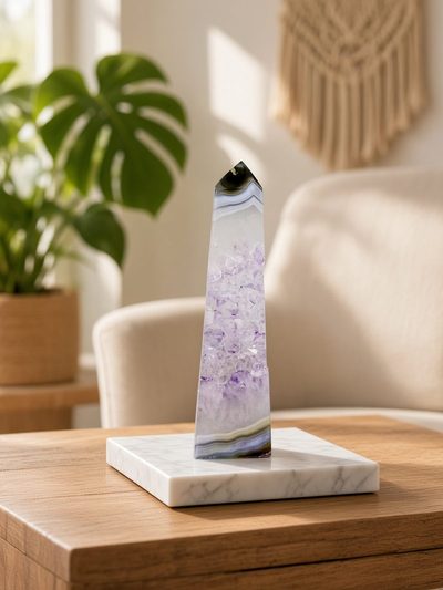 Amethist obelisk met een handgesneden vogel op een marmeren voet