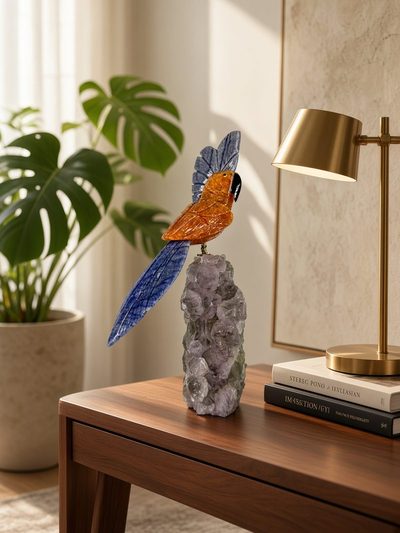 Twee handgesneden vogels op een ruwe kristalvoet op een houten tafel