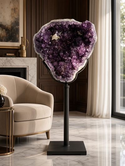 Amethist geode met diep paarse kristallen op hoge zwarte voet naast een fauteuil